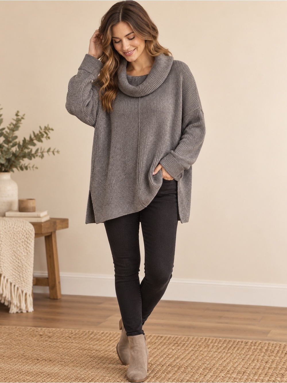 Lush Gray Ribbed Oversized Cowl Neck Sweater M